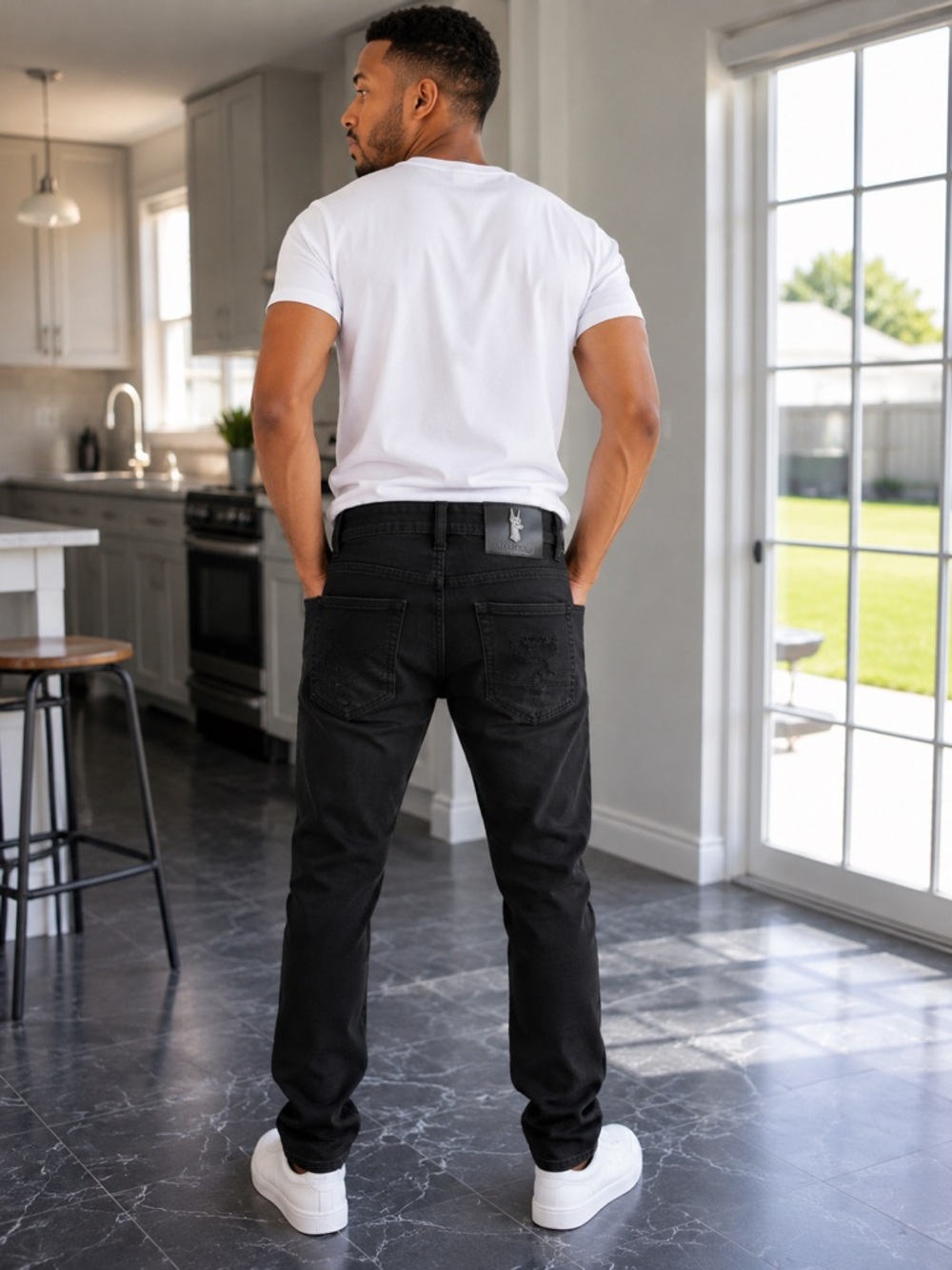 Slim Fit Black Distressed Jeans with Zip Pockets - Picture 2 of 2